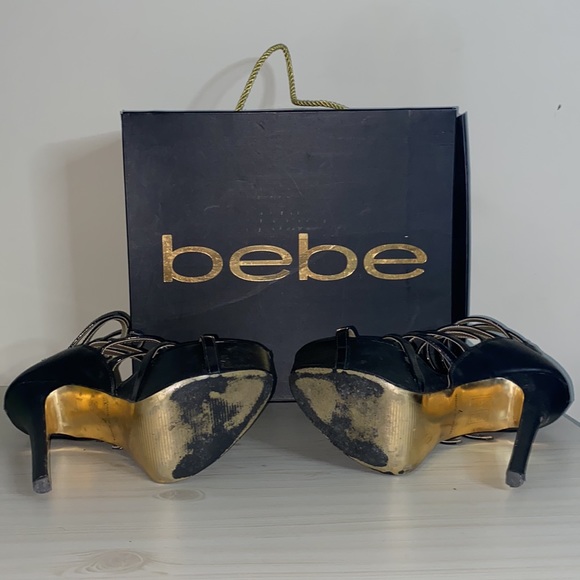 Y2K BEBE Nadiya Black Patent Leather Gold Zip High Heels Sandals Strappy Size 7 - Picture 8 of 9